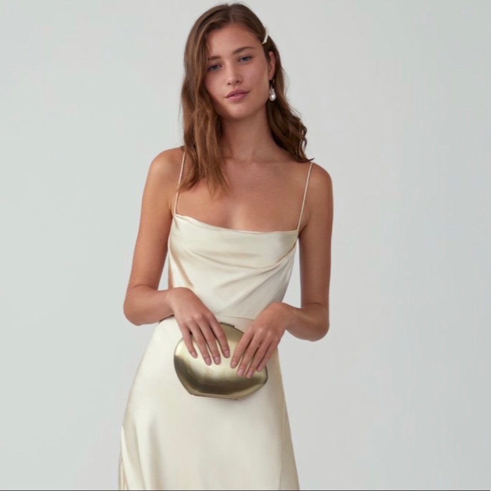 Fame and Partners Strappy Drapped Gown (Matte Satin in Champagne)